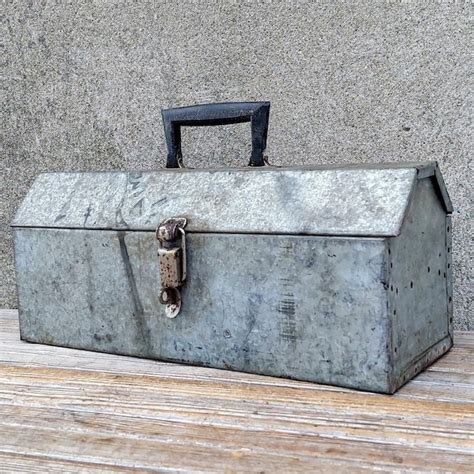 Vintage Riveted Galvanized Metal Tool box, Stamped US Bootz 